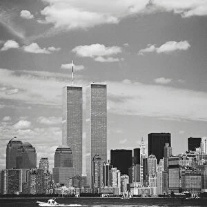 Twin Towers with boat in the foreground, New York, USA