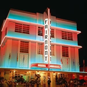 USA, Florida, Miami Beach, Art Deco Hotel illuminated at night