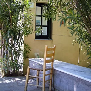 Chair and marble counter outside entrance to Asclepieion, Kos Greece credit: Marie-Louise