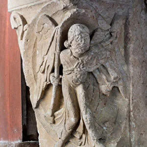 Angel fighting demons, 12th century (sculpture)