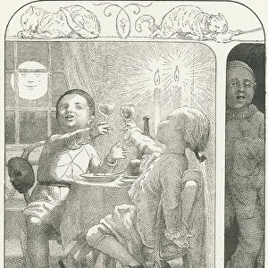 Arlequin and Leandre drink and sing while mocking Pierrot (verse 8), 1880 (engraving)