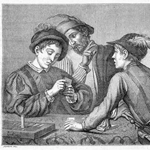The cheaters. 19th century engraving depicting the work of Caravaggio (il Caravaggio