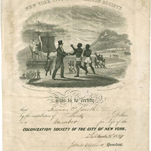 Colonization Society Certificate for Simeon P. Smith, 1837 (engraving)
