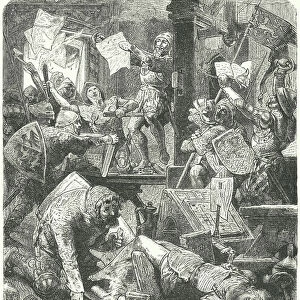 Destruction of Peter Schoffer's printing workshop during the attack on Mainz by the soldiers of Adolph II of Nassau, 1462 (engraving)