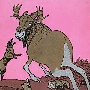 Finis Finnlandiae, Finland (represented as an Elk) being attacked by Russia (represented as a pack of wolves), caricature from Simplicissimus magazine, 1911 (colour litho)