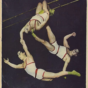 The Flying Brothers, trio of acrobats performing at the Berlin Wintergarten theatre, Germany (photo)