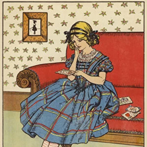 Girl reading a Valentines card (colour litho)
