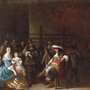 A guardroom interior with a cavalier conversing with a mother and child (oil on panel)