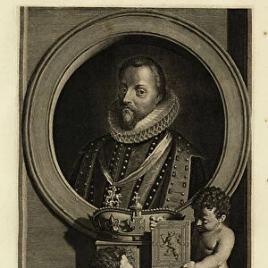 James VI of Scotland, James I of England, James Charles Stuart. Jacques Premier. In lace ruff collar, coat and doublet, sash with figure of St. George and the dragon. Two putti assemble a coat of arms below a crown