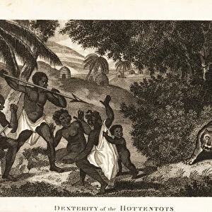 Khoisan men with assagai and ax protecting women and child from a tiger (not native to South Africa)