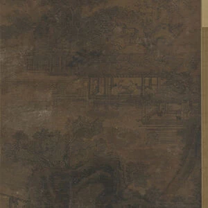 Landscape: two men in a pavilion under trees (ink on silk)