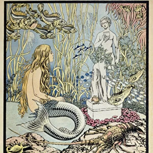 The Little Mermaid before a statue in the sea, illustration for a fairy tale by Hans