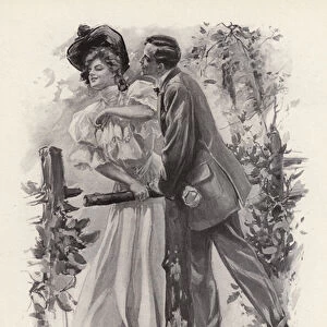 Man trying to steal a kiss from a young woman (litho)