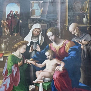 The mystic marriage of saint Catherine of Alexandria and saint Catherine and Bernardino of Siena, 16th century (oil on panel)
