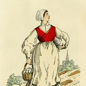 Peasant costume in the 15th century. Engraving in colors of after Chevignard