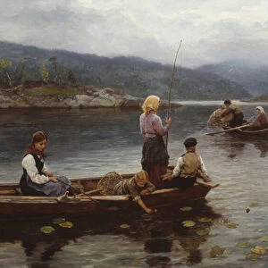 People fishing at the lake, 1911 (oil on canvas)