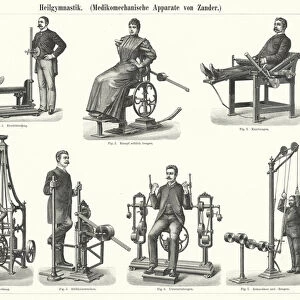 Physiotherapy: mechanotherapy apparatus invented by Swedish physician and orthopedist Gustav Zander (engraving)
