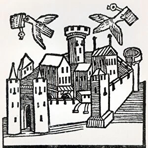 Pigeon Post, 1488 (woodcut) (b / w photo)