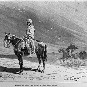 Portrait of Hamoud Ibn Rashid, on his horse, belonging to the family of the Emir of Hail (Saudi Arabia) and friend of the travelers. Engraving by Y. Pranishnikoff, to illustrate the story "pelerinage au Nedjed