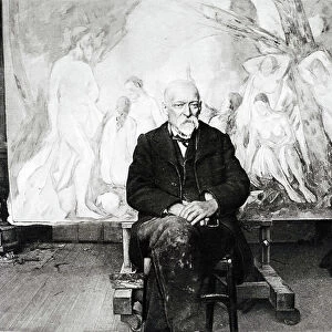Portrait of the painter Paul Cezanne (1839-1906) in his studio (b/w photo)