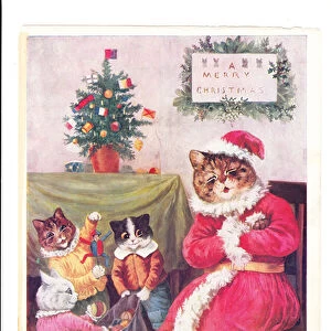 A print of a cats Christmas party by Louis Wain with an anthropomorphized father cat