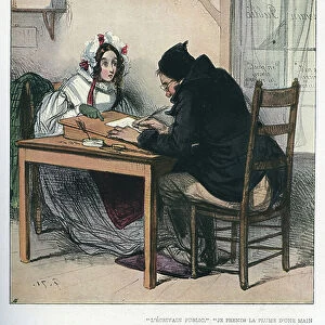 The public letter writer Caricature representing an illiterate young woman using the services of a public writer to write to her lover, she lies saying she wrote the letter itself) Lithography by Paul Gavarni (1804-1866) Private collection