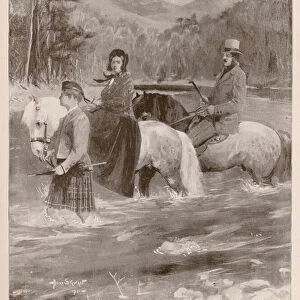 Queen Victorias early married life: fording the River Garry on horseback with Albert Prince Consort, Scotland, 25 September 1841 (photogravure)