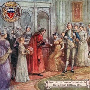 Reception of Queen Charlotte in the Pump Room, Bath, 1817 AD (colour litho)