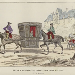Sedan chair carried by horses, reign of Louis XIV of France, 1715 (coloured engraving)