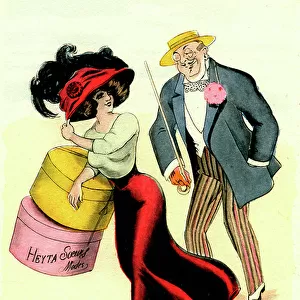 Seductor making advances to a fashionable young woman, 1910 (engraving)