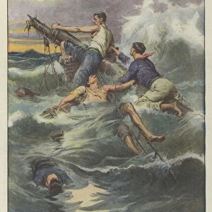 Shipwreck of a Spanish steamer near Porto, of the entire crew only three sailors managed to save themselves (colour litho)