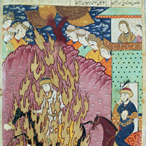 Siavashs trial by fire, illustration from the Shahnama