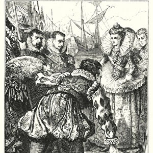 Sir Walter Raleigh lays down his cloak from Queen Elizabeth I (engraving)