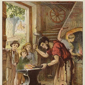 "The Village Blacksmith"(colour litho)