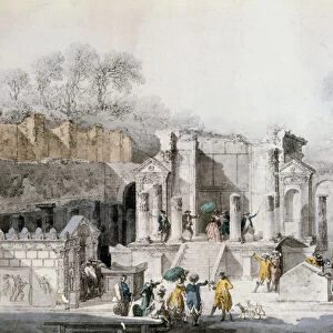 Tourists at the Temple of Isis in the Ruins of Pompeii, 1779 (colour engraving)
