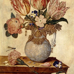 Tulips, Forget-me-nots, Peonies and other Flowers in a Vase on a Ledge