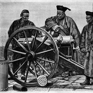 View of Chinese gunners looking at a machine gun in the 1870s. Engraving from a drawing by Bassot, from a photograph by Thomson, in "Le Tour du Monde, Nouveau journal des Voyages", edited by Edouard Charton, Paris, 1876