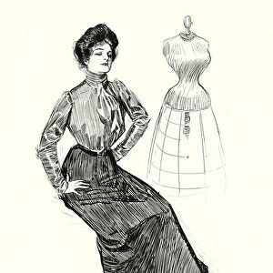 Woman and dressmakers mannequin (litho)