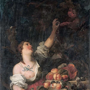 A woman picking grapes and a putto by a Classical pedestal adorned with fruit