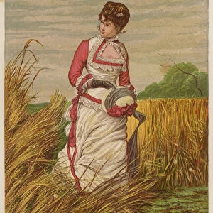 Woman trespassing in a cornfield (colour litho)