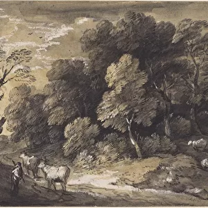 Wooded Landscape with Herdsman and Cattle, c. 1775-80 (black chalk & grey-black washes, heightened with white gouache on laid paper)