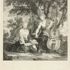 Landscape with three music-making muses, Eustache Lesueur Bernard Picart, 1683 - 1733