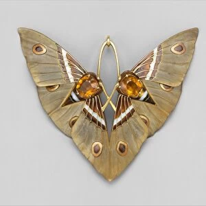 Moth, Pendant, Box, ca, 1900, Gold, champlev enamel, citrines, carved horn, cardboard