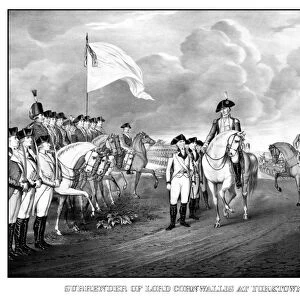 Digitally restored Revolutionary War print showing the surrender of British troops