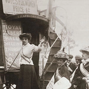 Barbara Ayrton, British suffragette, campaigning on the Votes for Women bus, October 1909
