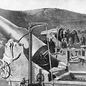 Battery of Japanese siege guns bombarding Port Arthur, Russo-Japanese War, 1904-5