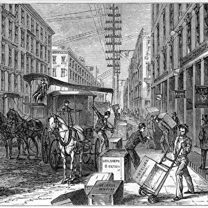 Deliveries and collections taking place at Wells Fargo depot, New York, USA, 1875