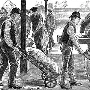 Dockers unloading sugar at West India Docks, London, 1889