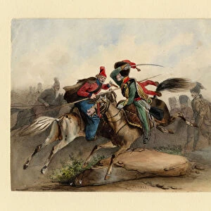French Horse Chasseurs of the Imperial Guard in Combat with the Russian Cossacks, c. 1830. Artist: Finert (Finart), Noel Dieudonne (1797-1852)