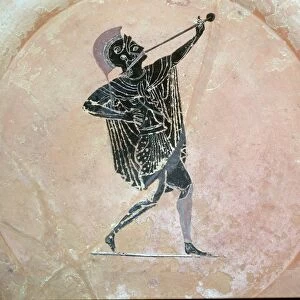 Greek vase painting of a Greek soldier with a trumpet